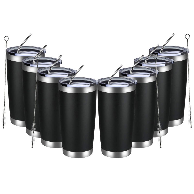 MEWAY كوب تامبلر MEWAY سعة 20 أونصة 8 عبوات جدار مزدوج معزول بالفراغ، أكواب سفر من الفولاذ المقاوم للصدأ مع غطاء وقشة، أكواب قهوة متينة مطلية بالبودرة للمشروبات الباردة والساخنة (أسود، 8) - Image 1